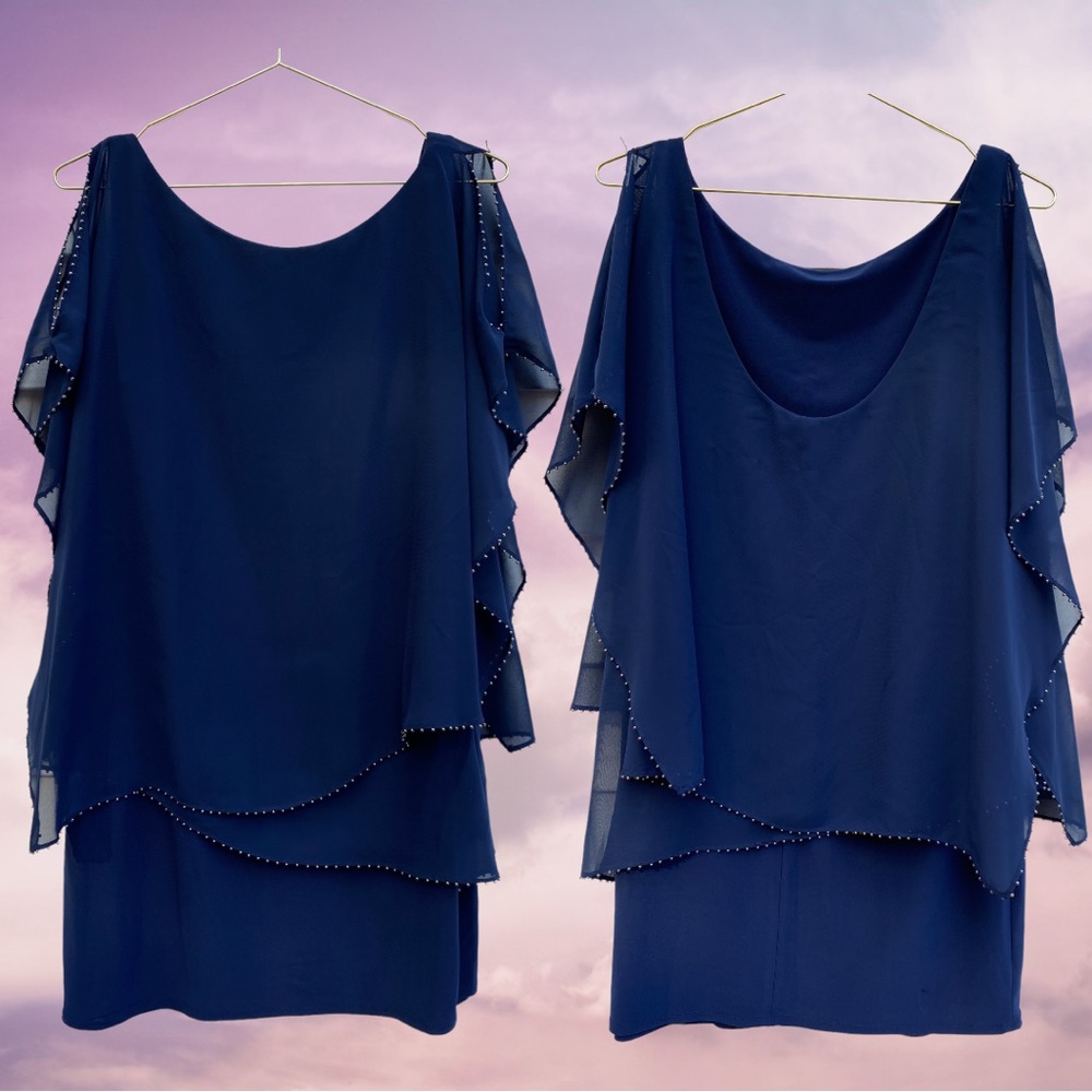 Laundry by Shelli Segal Draped Blue Chiffon Studded Stretch Shift Dress Size 8 - Picture 4 of 10